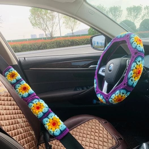 Steering Wheel & Seat Belt Cover Crochet Fashion